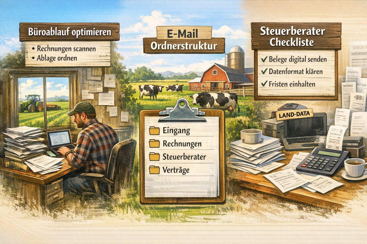 Grafik: Drei Einsatzbereiche der KI im Hofbüro – Büroablauf durchleuchten (Rechnungen scannen, Ablage ordnen), E-Mail-Ordnerstruktur (Eingang, Rechnungen, Steuerberater, Verträge) und Checkliste für den Steuerberater (Belege digital senden, Datenformat klären, Fristen einhalten)
