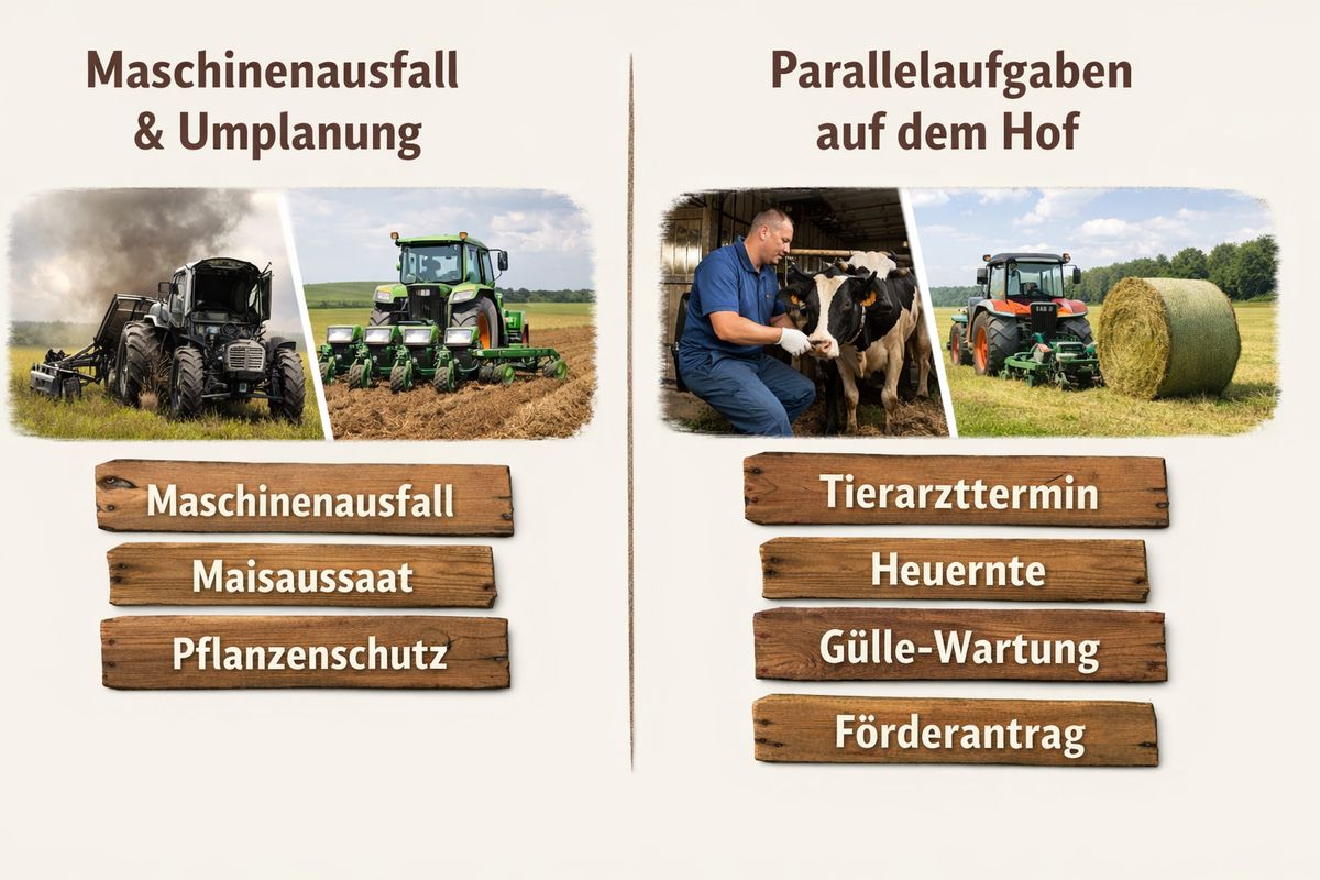 Grafik: Zwei Planungssituationen auf dem Hof – links Maschinenausfall und Umplanung (Maisaussaat, Pflanzenschutz), rechts Parallelaufgaben Tierarzttermin, Heuernte, Gülle-Wartung, Förderantrag